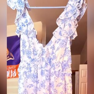 Trixxi White Dress with Blue Floral Print and Ruffle Straps